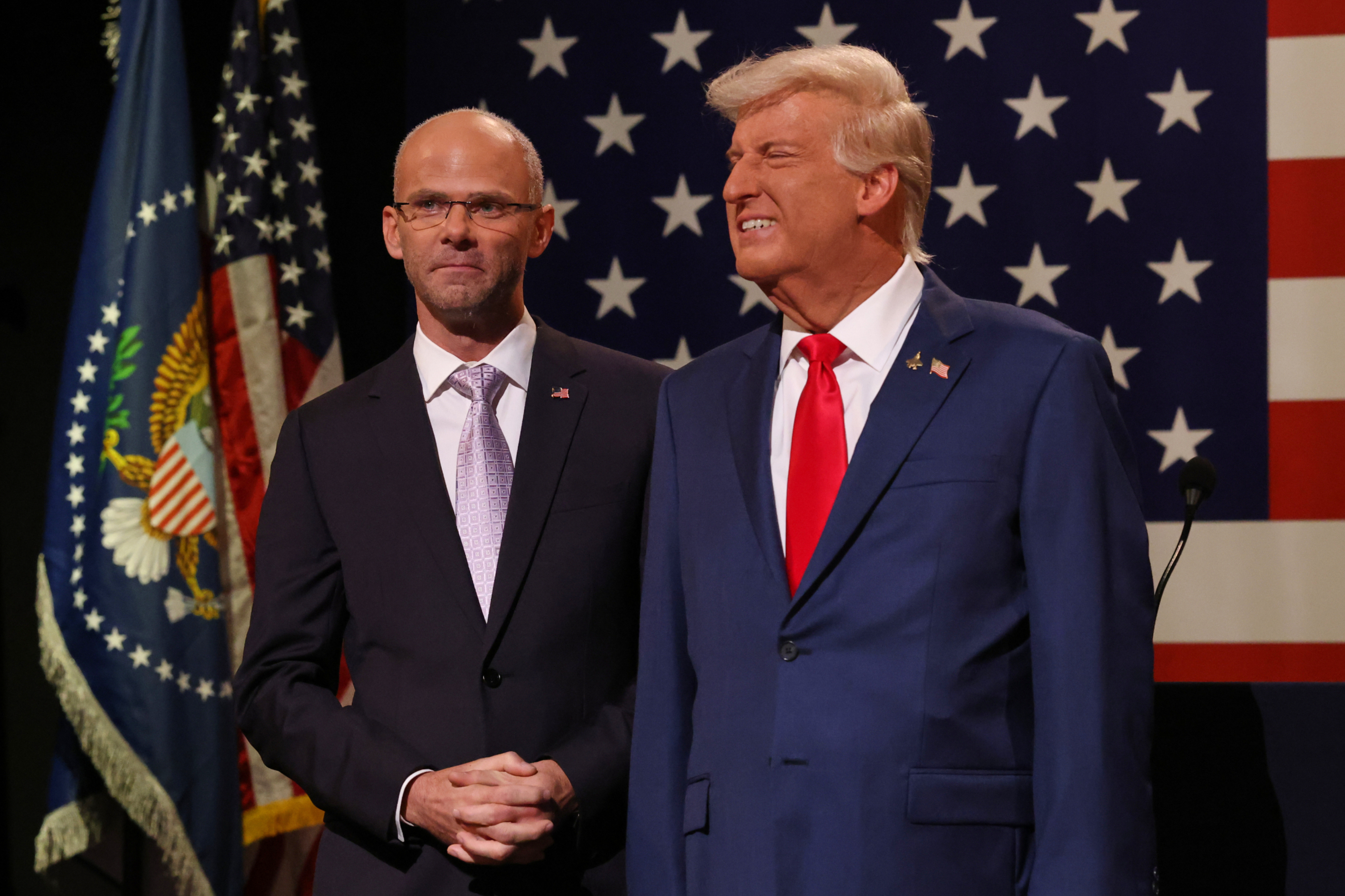 This image released by NBC shows Mikey Day as Brendan Carr, left, and James Austin Johnson as President Donald Trump during the cold open on Saturday Night Live in New York on Saturday, Oct. 4, 2025. (AP)